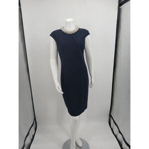 Betsey Johnson Navy Dress 6 Pearl Rhinestone Collar Sheath Y2K Preppy Academia